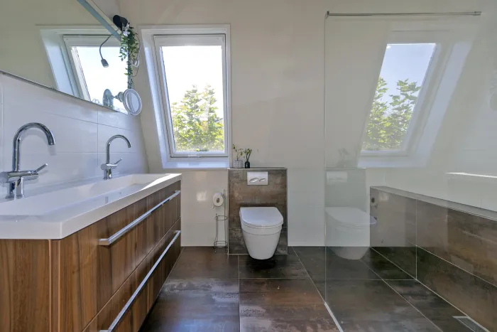 Badkamer met dubbele wastafel en dakramen